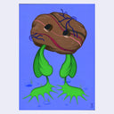 Painting on purplish blue background of a rock with 2 holes as eyes and legs that are shaped like venus fly traps. It has blue roots growing around its head.