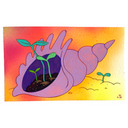 Painting of a purple conch shell with 3 green sprouts growing out of it.