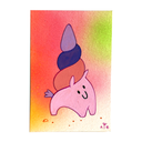 Painting of a pink creature with a unicorn shaped horn atop its back.