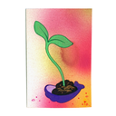 Painting of an upturned small purple shell with a green sprout growing out of it from dirt.