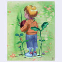 Painting of a small blonde child, facing away from the viewer and holding a root vegetable with long rots, wrapping around the child like a hug.  Sprouts grow around the child's feet. Background is green.
