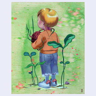 Painting of a small blonde child, facing away from the viewer and holding a root vegetable with long rots, wrapping around the child like a hug.  Sprouts grow around the child's feet. Background is green.