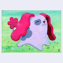 Painting on wood panel of a cartoon style purple dog with purplish gray spots and long hot pink ears and a fluffy tail. It sits in grass.