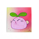 Painting of a pink bunny creature with a round tail and a green sprout coming out its head.