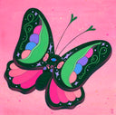 Illustrative painting on pink background of a green and pink butterfly with one eye on the back of its head and a pea pod design on its wings.