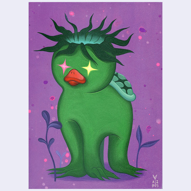 Illustration of a Kappa creature, with long leaves atop its head and pink and yellow sparkle eyes. It stands on all fours with fin-like feet. Background is purple.