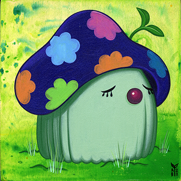 Painting of a small mushroom with a sage green base and a dark purple cap with blue, orange, pink and green flower patterns. It has a single sprout coming out from its head and has a closed eye, mouthless facial expression. Background is green.
