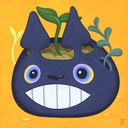 Painting of a dark gray planter shaped into the head of a character with a wide tooth smile and eyes with layers of colored rings. Small plant sprouts grow out of the soil, background is bright orange/yellow.