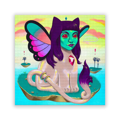 Print of a purple haired woman with the body of a chrome cat, she has butterfly wings and sits on a small island. Print is scored like a blotter sheet.