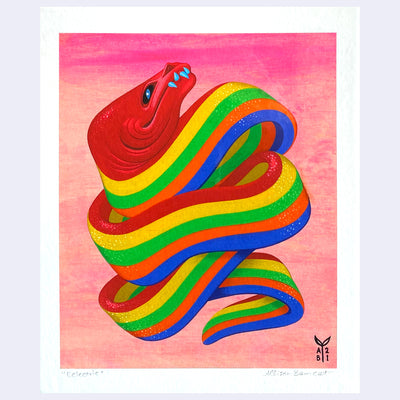 Illustration of a red eel with its body made out of rainbow sour rope.