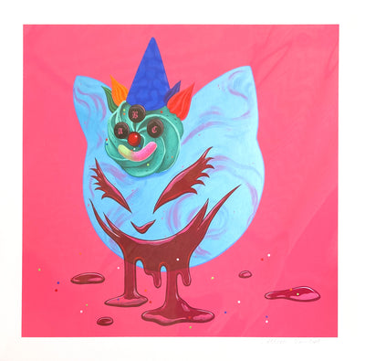 Illustration of a floating blue cat head with a clown ice cream cone atop its head like a hat. Red jelly drips out of its eyes and mouth.