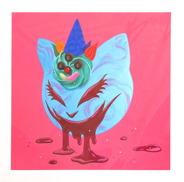Illustration of a floating blue cat head with a clown ice cream cone atop its head like a hat. Red jelly drips out of its eyes and mouth.