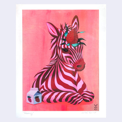 Illustration of a pink baby zebra, sitting with a strawberry growing out its forehead like a horn. 