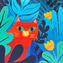 Colorful illustration of a red cat surrounded by blue and green leaves and yellow flowers.