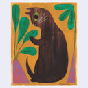 Illustration of a brown cat with plants on a mustard yellow background.