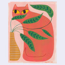 Painting of a coral colored cat with a pot of leaves.