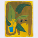 Illustration of a gold cat with a yellow background, posing with a potted plant.