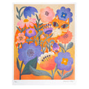 Colorful illustration of a cat among flowers on a beige background