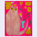 Painting of a pink cat on a hot pink background next to a pot of yellow flowers.