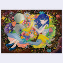 Painting of a girl and a yellow boy floating with their hands interlocked, only the girl's face is visible. Flowers blossom between them and explode outwards.