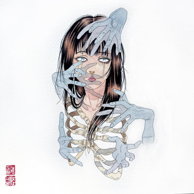 Ink and watercolor illustration of a brunette anime style girl, only visible from the heck up. She looks off to the side while crying. Below her neck is a skeletal rib cage and all around her are blue floating ghost hands.