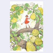 Ink and watercolor drawing of a small girl in a red dress, standing in a tree with thick branches and fruiting pears. She holds a long wand and looks off to the side.