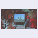 Painting based on a film still from Carrie, with Carrie sitting with another woman watching TV in the dark.