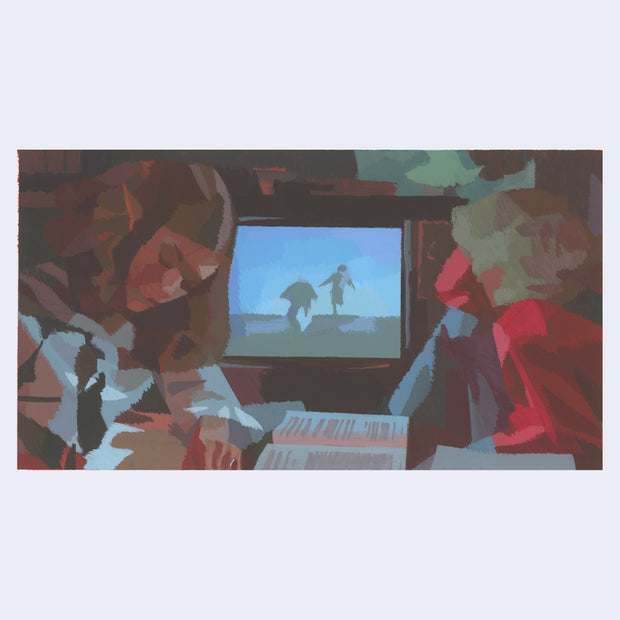 Painting based on a film still from Carrie, with Carrie sitting with another woman watching TV in the dark.