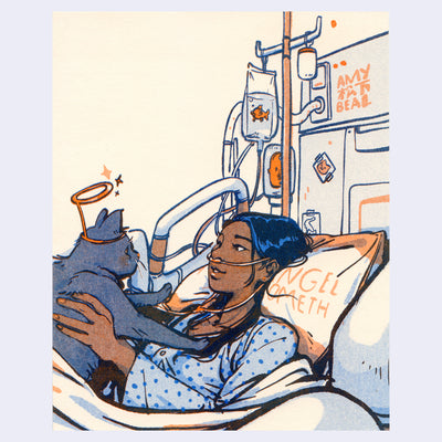 Blue, orange and brown illustration of a girl sitting in a hospital bed. She holds a cat in her lap, who looks at her while wearing a halo. Fish are in the fluid IV drip.