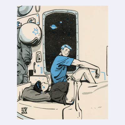 Black and blue ink risograph print on cream paper of 2 boys in a bed within a space ship, with space gear hung nearby and a large window showing space outside. One of the boys sits up and smiles at the other, still sleeping. 