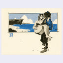 Blue and black colored illustration on cream paper of a girl holding a bikini clad girl in her arms. Background is a beach scene with a lighthouse in the background.