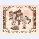 Illustration of a person on horseback, wearing heavy armor and conversing with a woman below her, with decorative border and text.