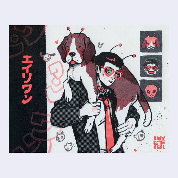 Risograph print of a man in a suit with a red tie, red dog collar and red heart shaped glasses. He carries a large dog around his shoulders. They both have small alien antenae. 