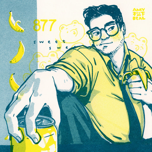 Teal and yellow ink risograph print of a cubby man with glasses, sitting with his tie pulled down. He eats a banana and has his hand on a can of beer.
