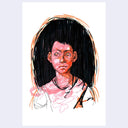 Marker illustration using many scribbling lines as coloring, of a portrait of a short haired person, looking up and off to the side.