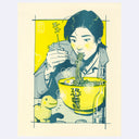 A stylized illustrated print showing a person eating ramen from a large yellow bowl, with a small yellow dinosaur-like character at the lower left and Japanese text elements. The artwork is centered on a pale cream background with a thin grid and sketch-like border.