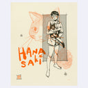 Illustration of a person holding a cat with 'Hana Saki' text on a beige background