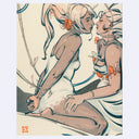 Risograph print of 2 illustrated girls, both wearing white dresses and facing one another, both sitting on their knees on the ground. They look at one another longingly, both entangled in a vine.