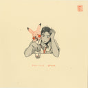 A minimalist line drawing of a person holding a glass and resting their head in their hand, with a pink cartoon character peeking from behind their shoulder. The artwork is printed on a warm cream background with red text reading 'SMOOTHIE BREAK' near the bottom and a red artist-style seal in the top right corner.