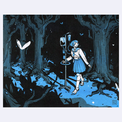 Black and blue illustration of a girl, standing in the middle of a dark forest at night. She is hooked up to drip IVs, which are hanging from a moveable metal post. Butterflies fly around her.