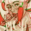 Red and green risograph print of a girl's face, close up with her fingers on her lips, red peppers are all around her and text that reads "Too Spicy?"
