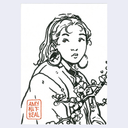 A black ink line art illustration of a woman with wavy hair, large hoop earrings, and a floral branch, printed on a white card with a red stamp reading 'AMY 松下 BEAL'.