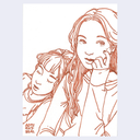 A minimalist line art print featuring two girls, one awake and looking thoughtfully to the side while the other rests closed-eyed against her shoulder. 