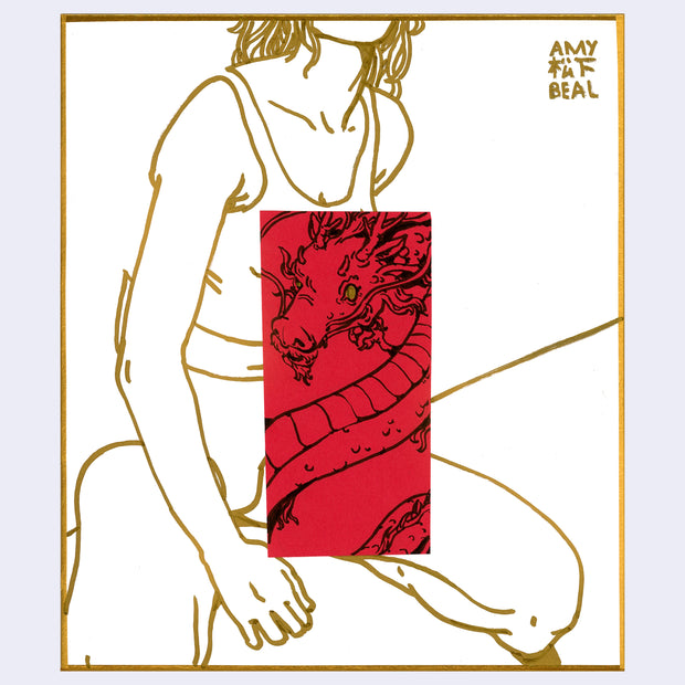 Gold ink line drawing of a girl sitting on the ground on her knees, with her head out of view. Transposed over her stomach area is a smaller drawing of a dragon done on red paper.