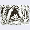 Black ink illustration of 2 small animal cartoon characters walking through a forest at night - one looks skeptical and apathetic and the other looks eager.