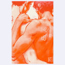 Red monochromatic artwork of 2 people standing side by side, seen from behind with only their upper backs, arms and necks visible. They side embrace. One wears a hearing aid.