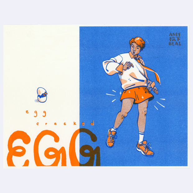 Illustration of a person in athletic wear with standing in a pose of movement against a blue background. Opposite of them, on a white background is a tiny egg cracking open to reveal a little dinosaur inside. Text reads "Egg cracked"
