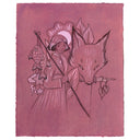 Illustration on dark pink paper of a girl holding a fishing rod, standing with a large wolf. The wolf has a dagger in its mouth.