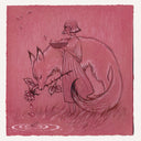 Illustration on dark pink paper of a woman holding a bowl, which flower petals fly out of, and standing in front of a wolf. The wolf holds a rose in its mouth and looks down at a body of water.