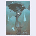 Illustration of a girl holding an umbrella with and looking down at a moth on her hand. Giant raindrops fall and splash into puddles around her.